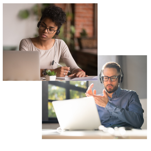 layered photo - top woman working, bottom man working both on laptops